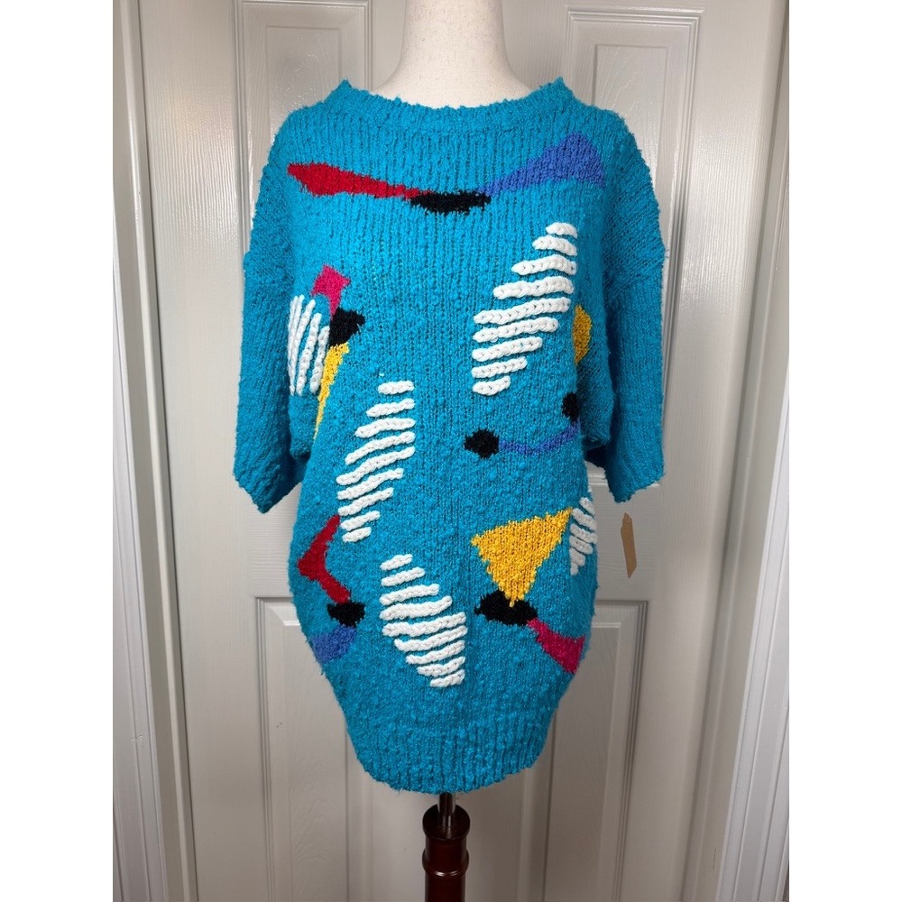 Chaus Vintage 80s Turquoise Geometric Textured Knit Sweater Tunic Women's M